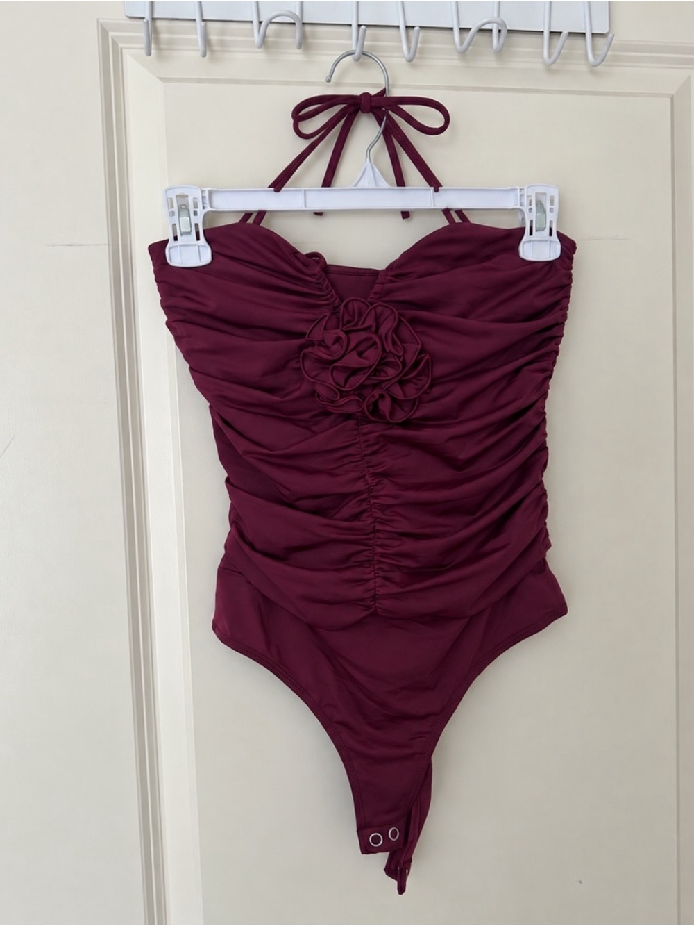 Women Ruched One-Piece Bodysuit Halter with Floral Accent - Burgundy. Never worn